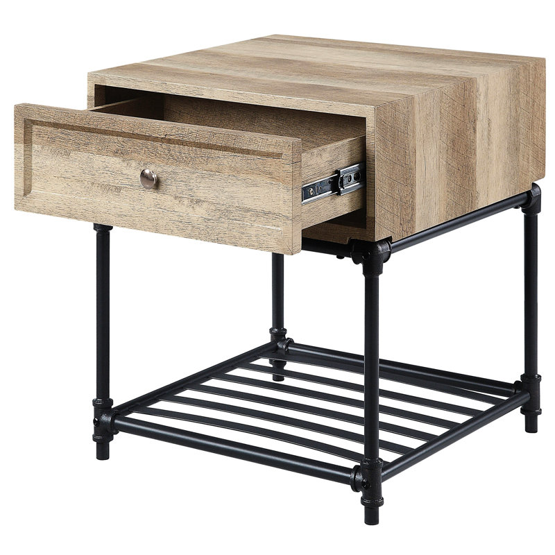 Table de bout industrielle en bois et métal, table à motif chêne noir sable avec pieds, extérieur