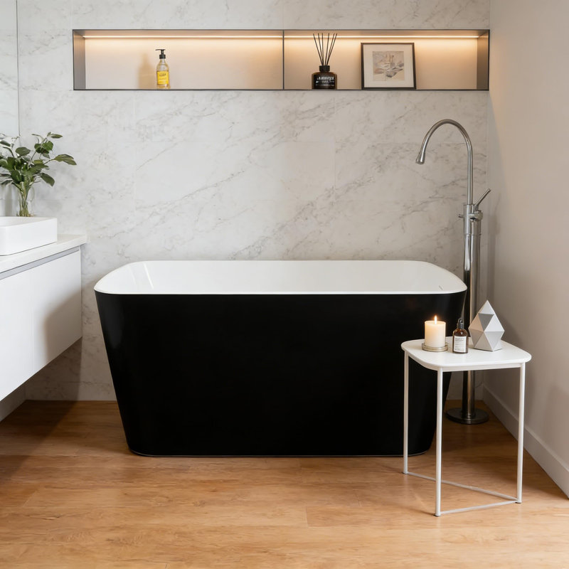 49 Inch Acrylic Freestanding Bathtub, Japanese Square Soaking Tub with Built-in Seat, Toe-Tap Drain, Slotted Overflow, cUPC Certified Standalone Tub for Modern Bathroom Upgrade