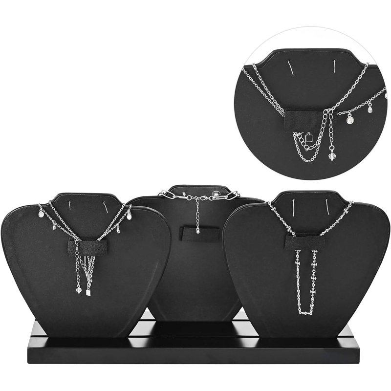 Deluxe White Faux Leather Covered MDF Wood Multiple Necklace Display Stand with 2-Row Holder, 3 Removable Displays