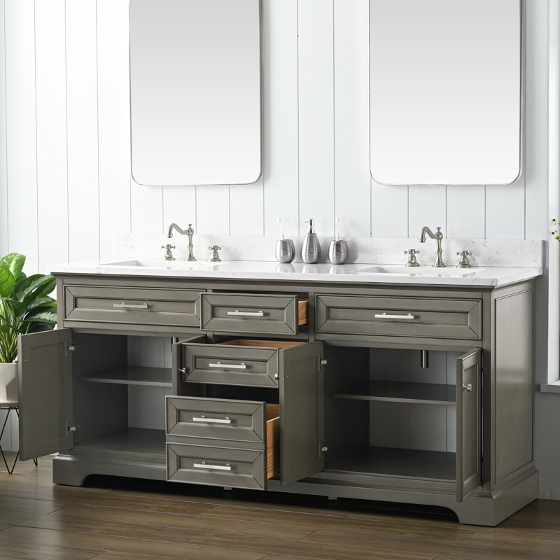 Meuble-lavabo double avec plateau en pierre artificielle Currahee, Gris argenté
