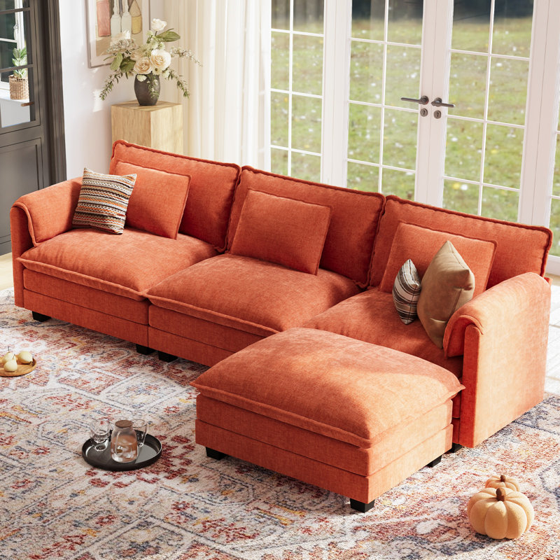 4-Piece 113'' Sectional Sofa Modular Deep Seat Sofa Couch With Removable Ottomans-Orange, Orange Chenille
