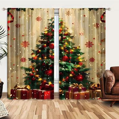 2Pcs Christmas Tree Curtains Window Drapes - Festive Holiday Rod Pocket Panel with Decorated Snowflake Pattern Light Filtering Privacy Enhancing for Living Room Bedroom Home Office Xmas Decoration