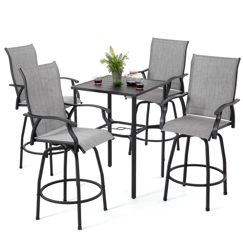 Ensemble de bar 5 pièces pour patio avec trou pour parasol et tabourets de bar pivotants en textilène