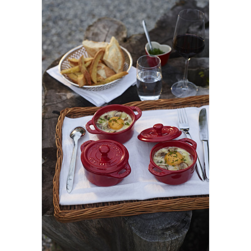 STAUB Ceramic 3-pc Mini Round Cocotte Set with Tray - Cherry, Cherry