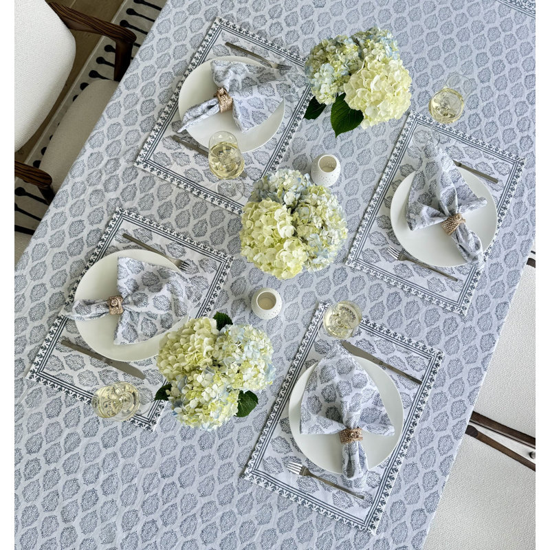 Hand Block Print Tablecloth, Gray, 108" L x 70" W