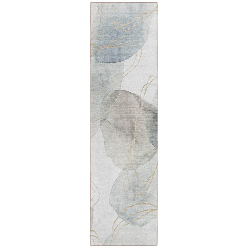 HomeRoots 8' Ivory Blue And Gray Abstract Washable Indoor Outdoor Runner Rug