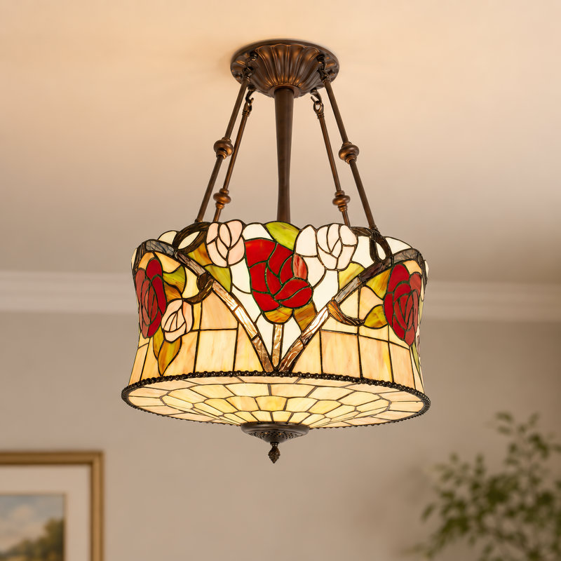 Luminaire suspendu 5 lumières style vitrail Tiffany, cadre semi-encastré en fer brun avec ampoules