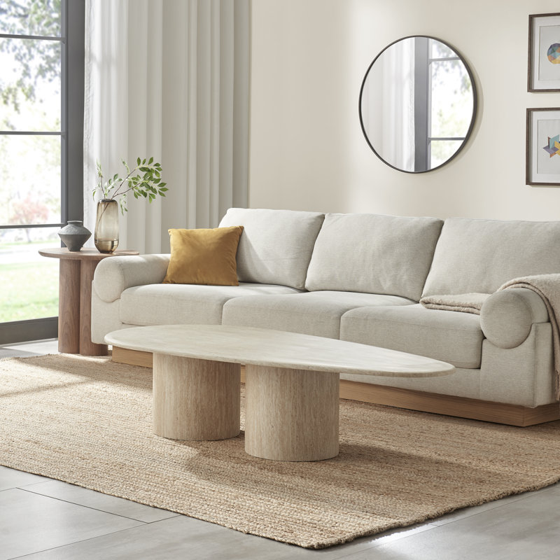 Delshawn Pebble Shaped Pillar Legged Travertine Stone Veneer Oval Coffee Table - Scandi Style