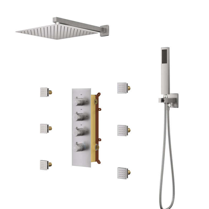 12 Inch Thermostatic Wall Mounted Rainfall Shower System with Rough-in Valve, Brushed Nickel