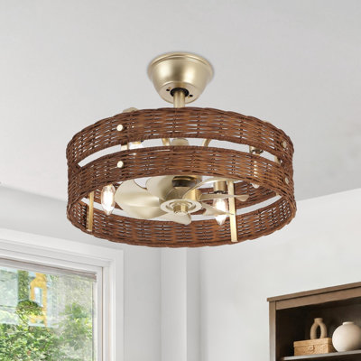 18.5" Coastal Boho Rattan Caged Ceiling Fan With Light Kit and Remote Control