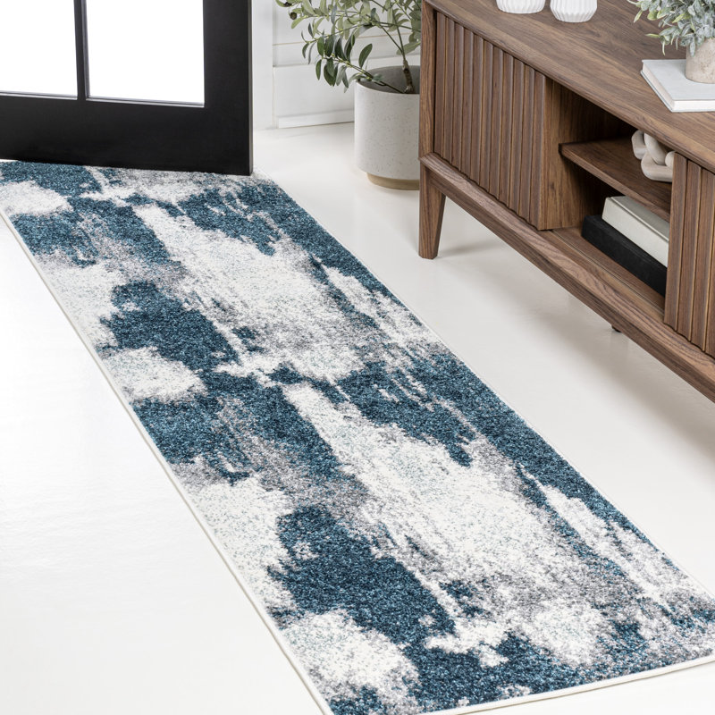 Marusya Contemporary Bohemian Abstract Marble Navy/White Rug, Runner 2' x 8'