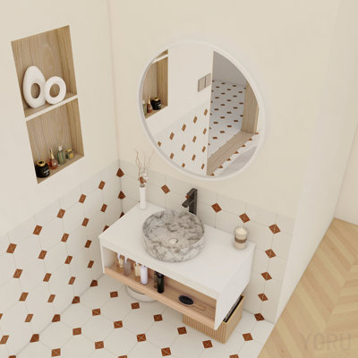 Meuble-lavabo flottant de 36 po avec lavabo vasque en marbre veiné gris, meuble-lavabo mural avec tablette ouverte, finition blanche avec décor en bois, conception moderne peu encombrante (livré dans 2 boîtes)