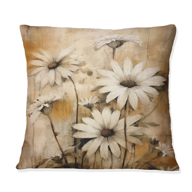 Coussin décoratif rétro à motif floral de marguerites brunes I