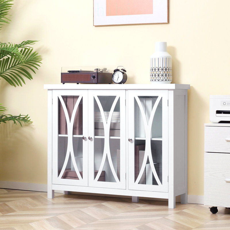 Buffet, buffet avec 3 portes en verre trempé, motif en arc et tablette de rangement réglable, crédence, blanc