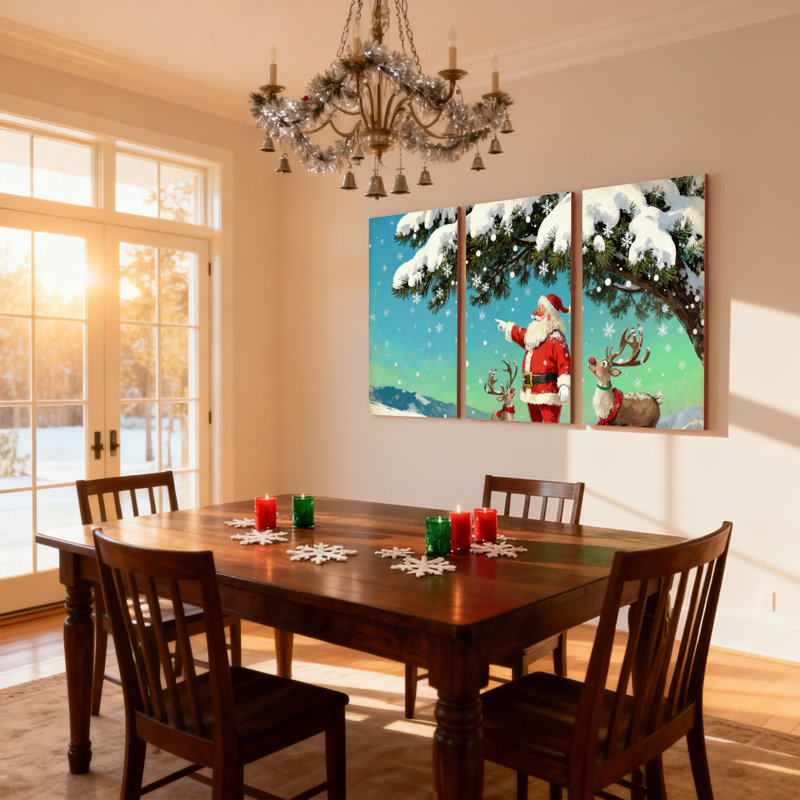 Père Noël de Noël avec renne dans la forêt enneigée, ensemble de 3 impressions sur toile, H 18 po x l 36 po