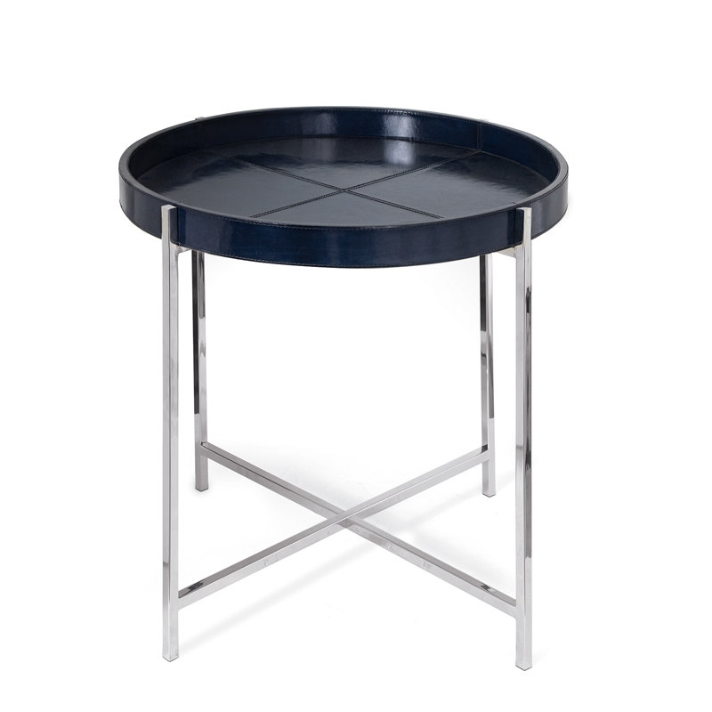 Round Blue Leather Tray Table with Polished Nickel Frame