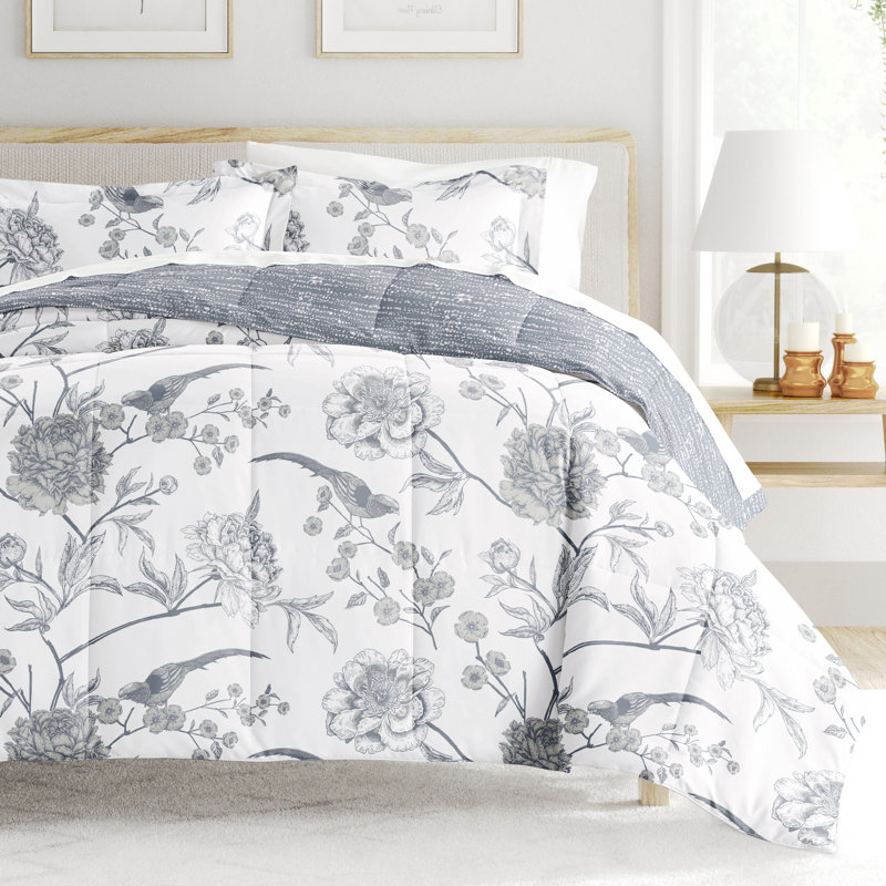 7 Piece Bedding Set - Comforter and Sheet Set, Motif floral bleu, Édredon simple TG + 1 pièce supplémentaire