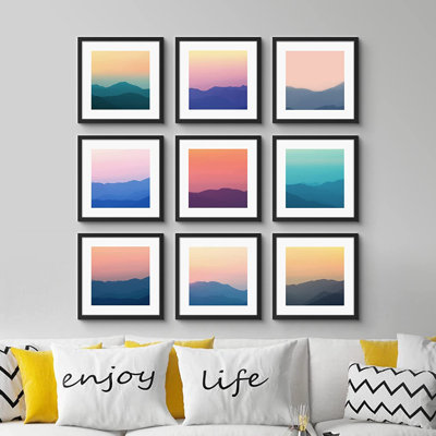 Signature signée, ensemble de reproductions d'art encadrées, ensemble de galeries multicolores, paysage de montagne, jour et soir, nature, photographie, réalisme, sud-ouest, pour le salon, la chambre à coucher, le bureau - 8 po x 8 po x 9 po NOIR