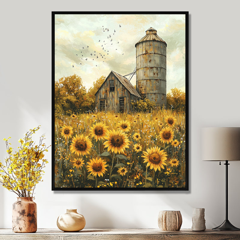 «Sunflowers», art mural encadré, H 20 po x l 12 po, Reproduction avec cadre flottant, Noir
