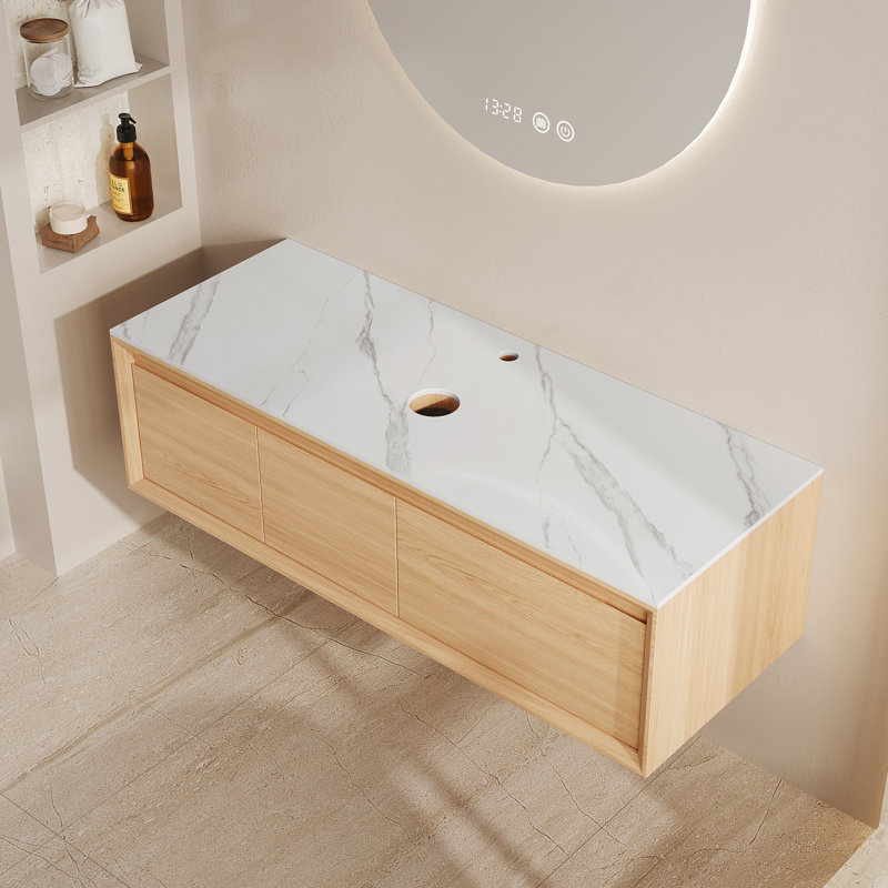 Base de meuble-lavabo flottant 47 po seulement, structure en bois massif multicouche avec 1 tiroir et 1 armoire, plateau en pierre frittée blanche
