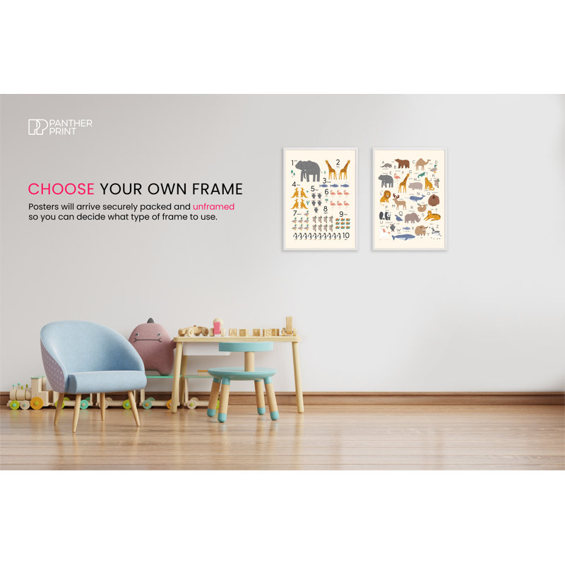 Alphabet, Numbers And Animals Educational Classroom - 2 Piece No Frame Print Set, 29.7cm H x 21cm W