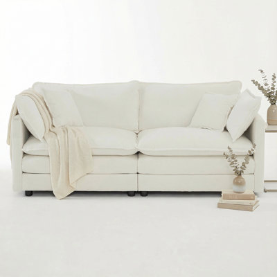 White Chenille Modular Loveseat, 2-Seat Upholstered Deep Seat Sofa With 4 Pillows For Living Room