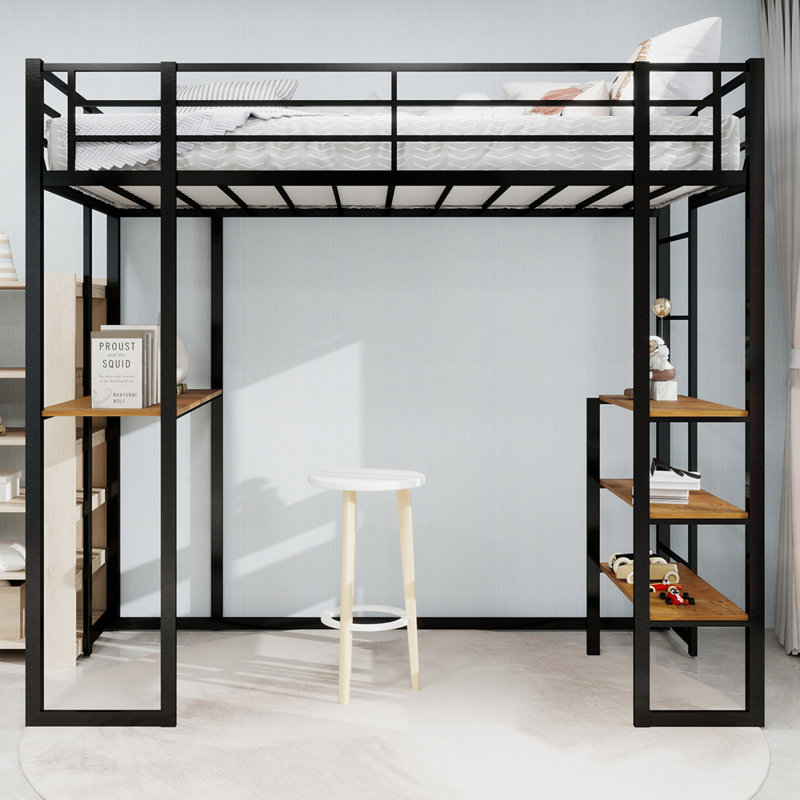 Lit à structure en fer avec lit et table, lit pour enfants et adolescents avec bureau en forme de L, lit à structure en fer avec rampe et escalier, avec des escaliers des deux côtés peut être placé n'importe où