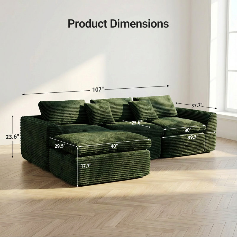 Canapé avec coussins double couche et configuration modulaire flexible, H 23,6 po x l 108 po x P 69 po, Vert