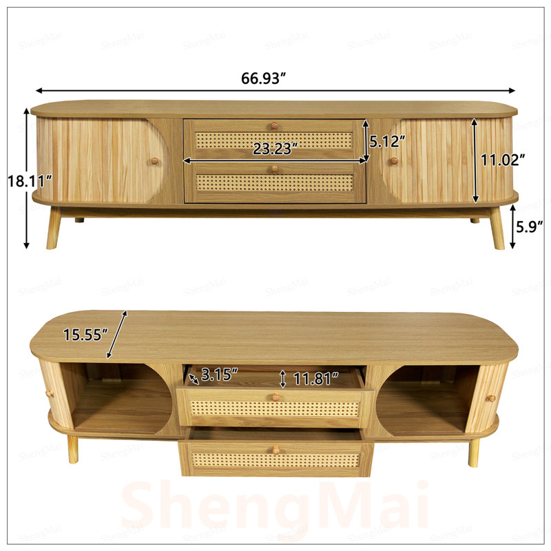 Meuble télé en rotin pour téléviseur de 75 po ou moins, console multimédia de style campagne moderne avec pieds en bois massif, rangement spacieux et gestion des câbles