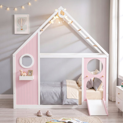 Lit simple avec glissade, bande lumineuse en forme de boule, lit plateforme en bois avec façade, panneau d'ameublement amusant