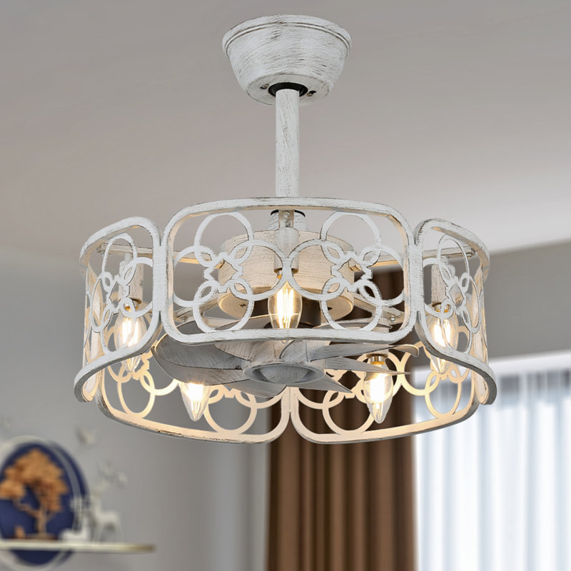 Ventilateur de plafond en cage blanc vieilli avec lumière et télécommande Anaisa