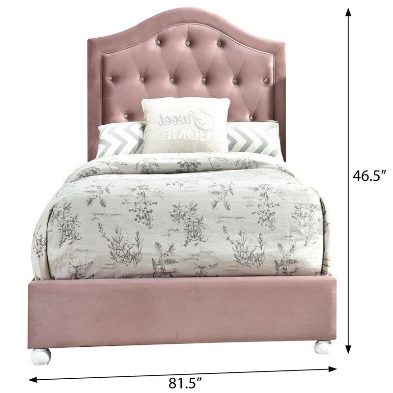 Twin Bed With Pink Fabric Cover And Headboard Style Upholstery Wooden Construction