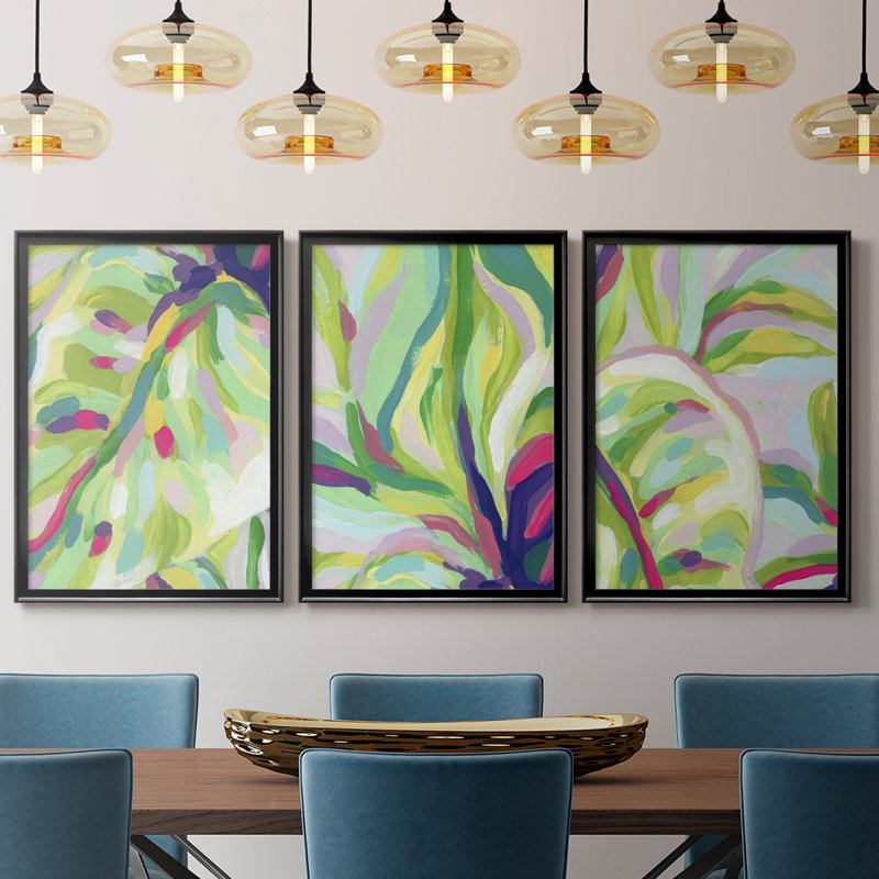 Bright Tropical Abstraction I - Toile tendue avec châssis sur mesure - 3 pièces, Noir, noir, noir, noir, H 30 po x l 63 po