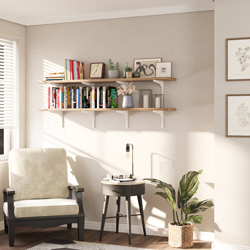 Bibliothèque flottante 60 "x 10" avec supports réglables, étagère murale, tablette de salon, tablette en bois véritable de 1 "d'épaisseur, tablette suspendue pour l'organisation de la maison, décoration rustique et bohème, brûlée, 2 niveaux