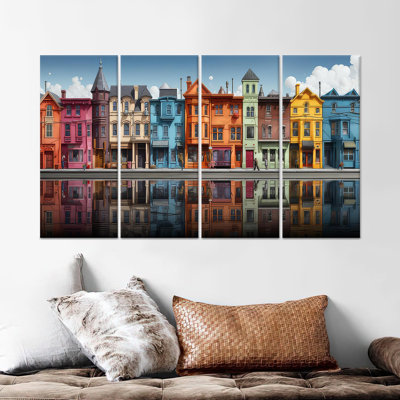 «Colorful Cityscape», reproduction d'art sur toile encadrée élégante, toile tendue 4P