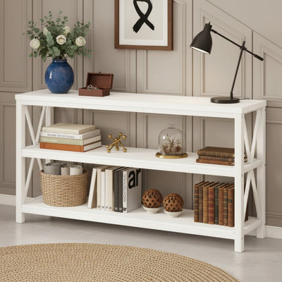 White Oak 55-Inch Long Sofa Table, Modern White Entryway Table, Three-Tiered Shelf, Living Room Hallway Storage Side Table.