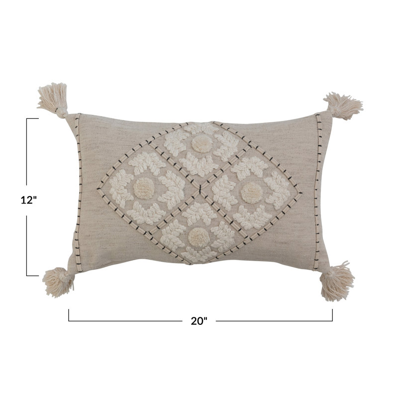 Cream and White Cotton Linen Embroidered Lumbar Pillow with Tassels