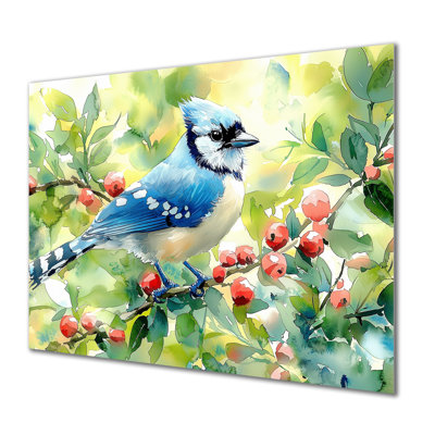 Geai bleu perché sur une branche III - reproduction d'art moderne en métal, décoration murale oiseau en métal