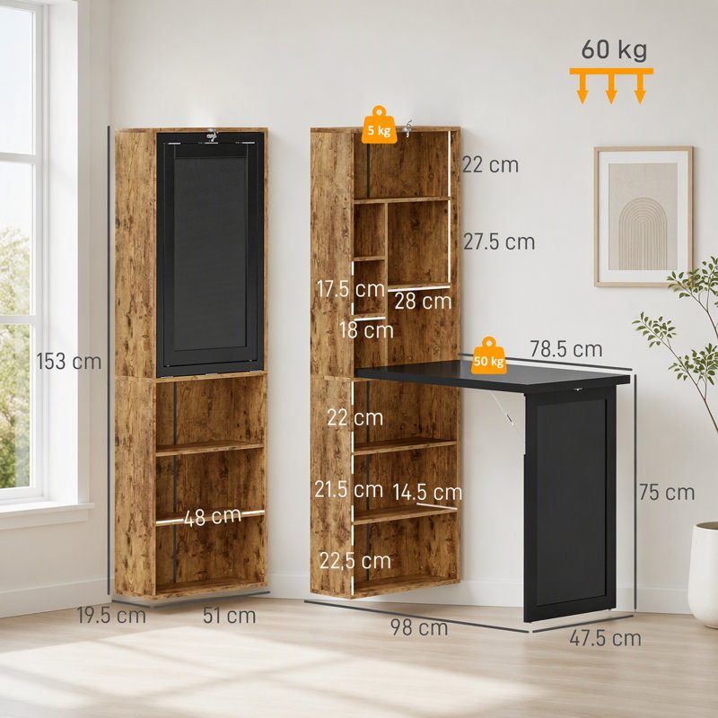 Foldable Convertible Writing Table, Wall Mounted Space-Saving Computer Desk with Chalkboard and Storage Shelves