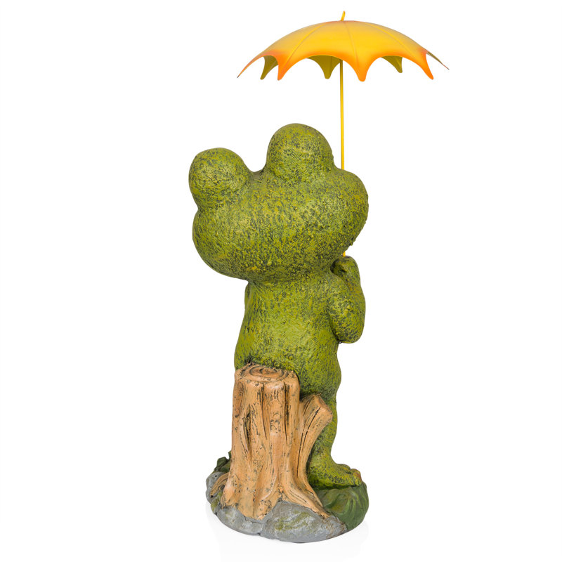 Green Frog Garden Statue with Yellow Umbrella, 23"