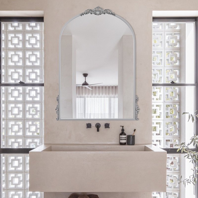 Kherington Arch Decorative Wall Mirror Vintage Mirror for Bathroom / Vanity, Silver, 32" x 24"