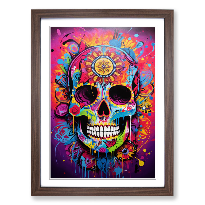 Sugar Skull Action Painting No.2 - Single Picture Frame Print on Wood, 34cm H x 25cm W x 2cm D, Walnut