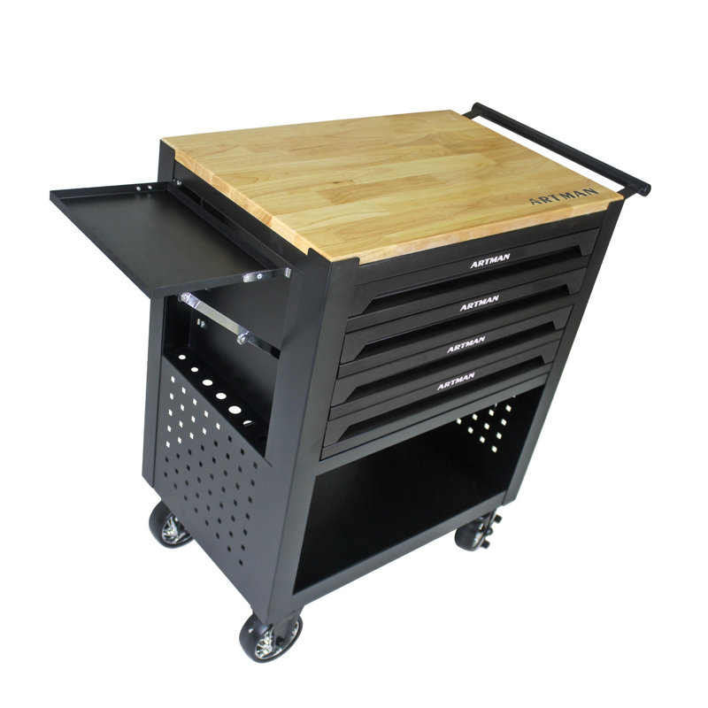Armoire à outils roulante à 4 tiroirs avec roulettes - Chariot de rangement mobile robuste avec plateau en bois de chêne et tiroirs verrouillables, noir
