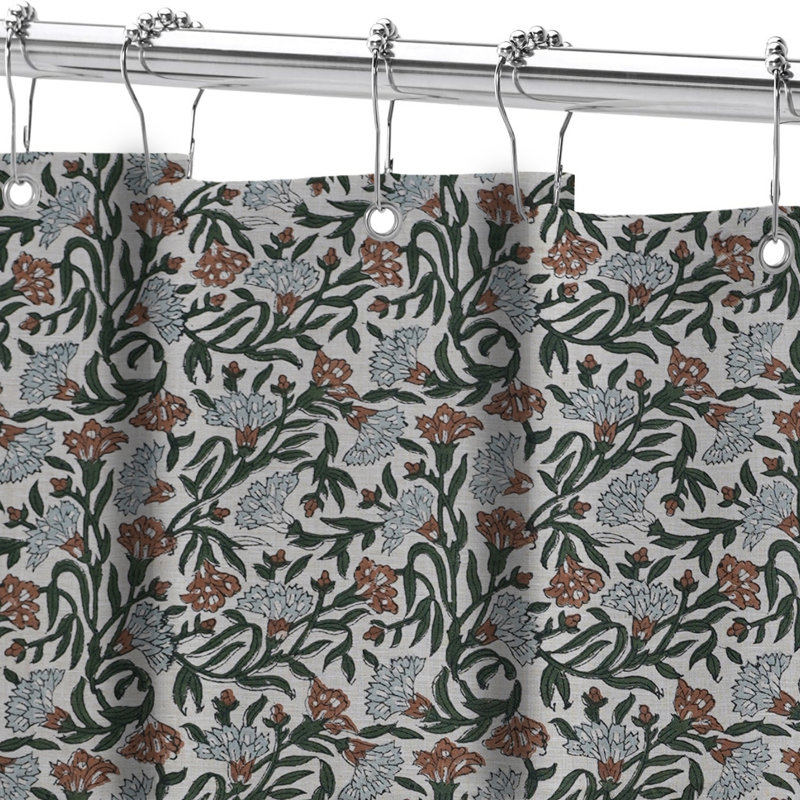  Rideau en lin imprimé à la main pour salle de bain | Rideau de douche Global Boho, tiges Throny, vert, H 24 po x l 45 po