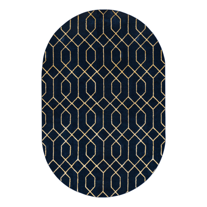 Tapis bleu marine et doré Glam, Ovale 5 pi 3 po x 8 pi