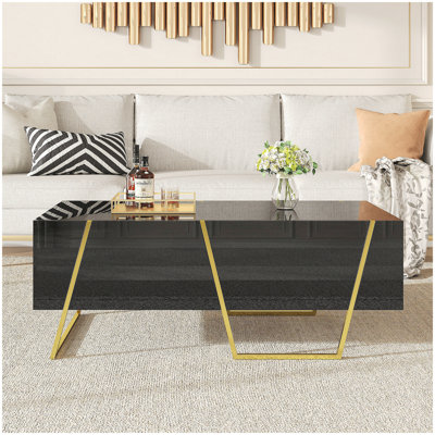 Modern Rectangular High Gloss Coffee Table with 4 Drawers and Gold Base for Stylish Living Room Storage, Black, 47.2 Inch
