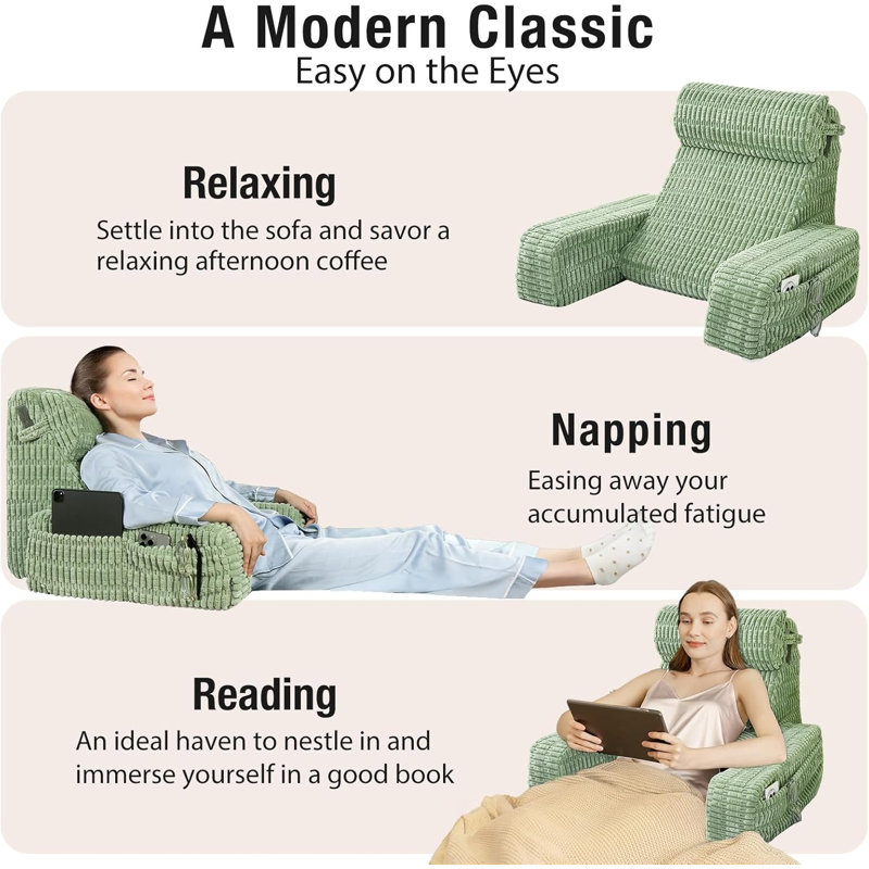 Coussin de dossier de lecture vert sauge de 19 pouces, coussin de soutien de lit avec accoudoirs et poches, housse à fermeture à glissière lavable