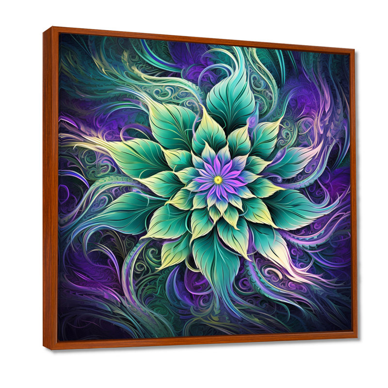«Vibrant Green Futur Flower - Boho Mandala», reproduction d'art murale, Toile avec cadre flottant brun