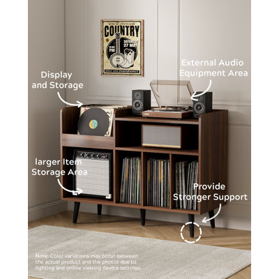 Mid-Century Modern Vinyl Record Storage Cabinet | Turntable Stand with 5 Compartments & Cable Management, Media Console for Books & Display