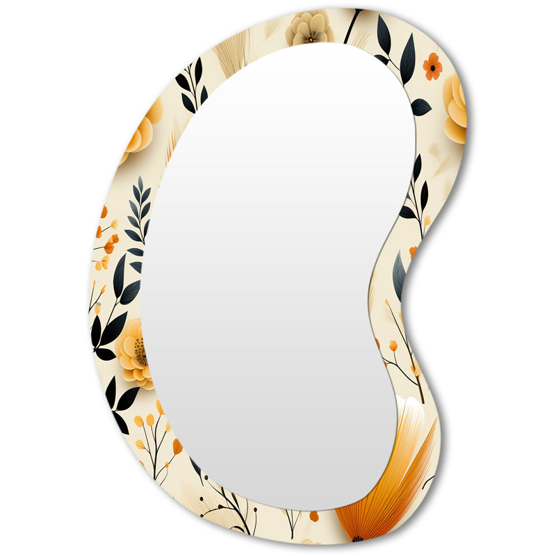 Appin Beige And Orange Flower Accents - Boho Asymmetrical Large Wall Mirror, Black Unique Shape Decorative Mirror, Printed Metal Art